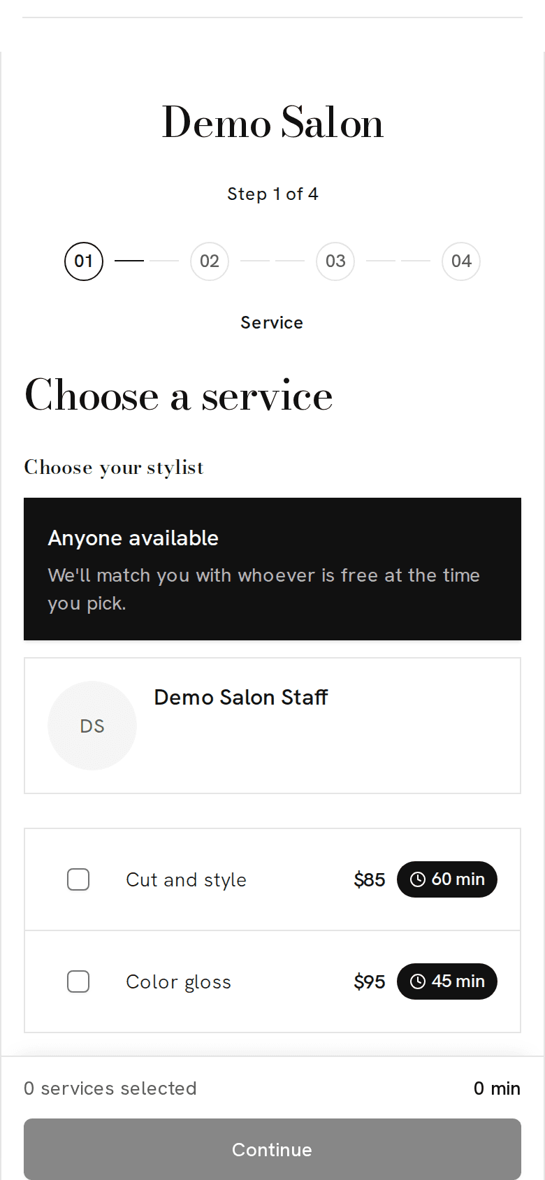 The booking page of a demo hair salons business on a phone