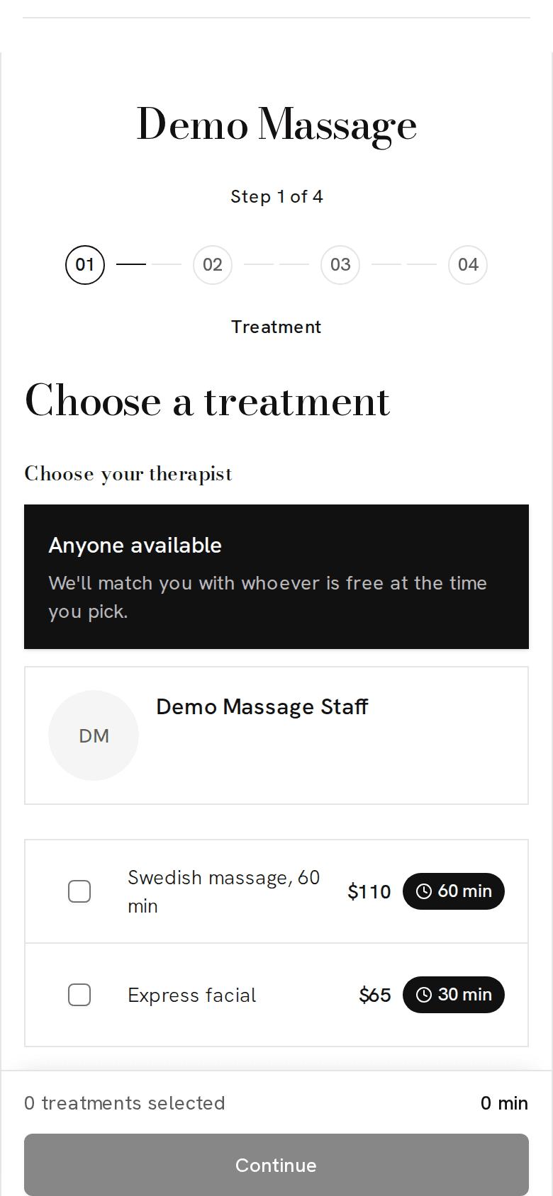 The booking page of a demo massage and wellness studios business on a phone