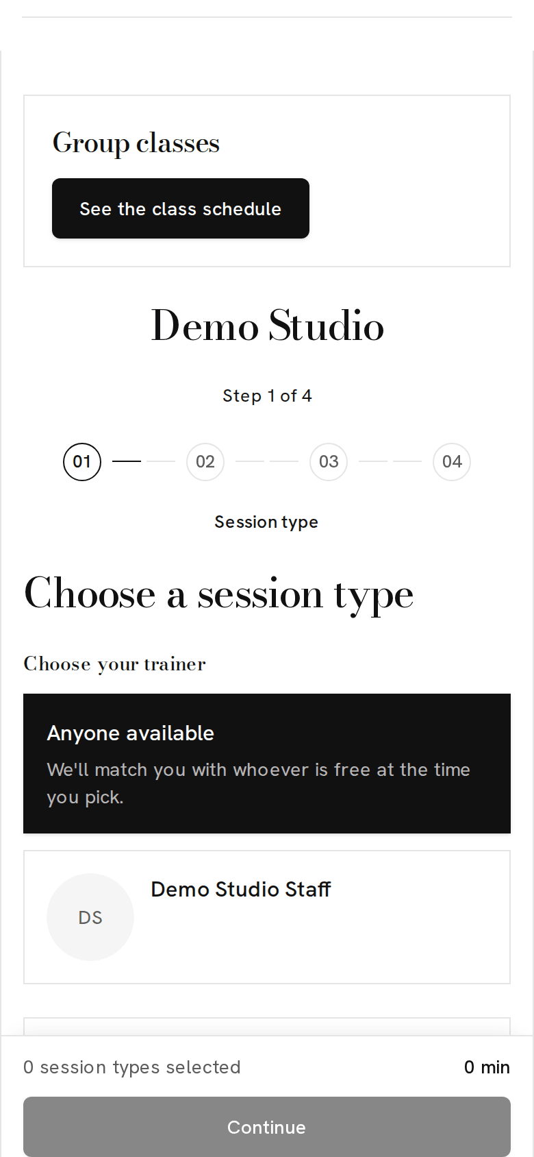 The booking page of a demo personal trainers business on a phone