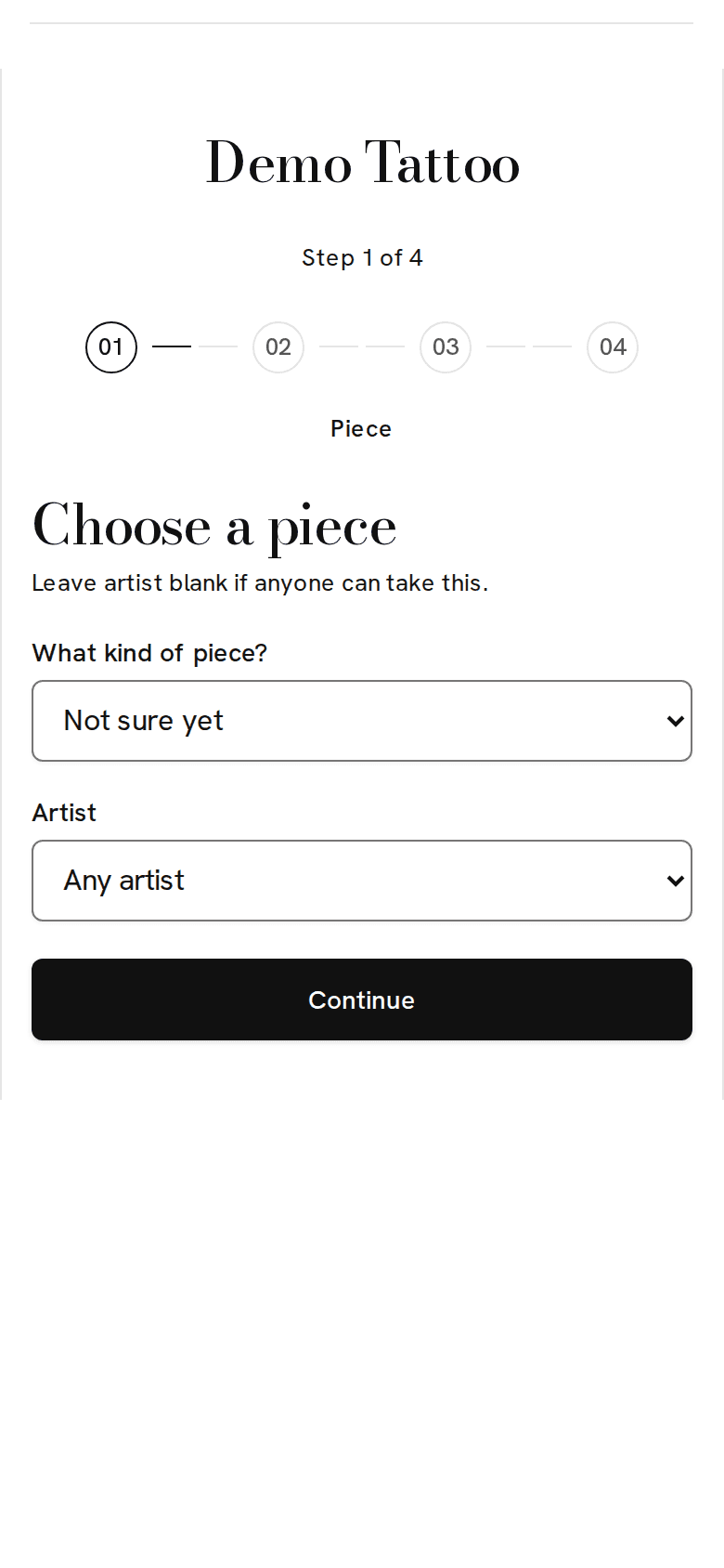 The booking page of a demo tattoo studios business on a phone